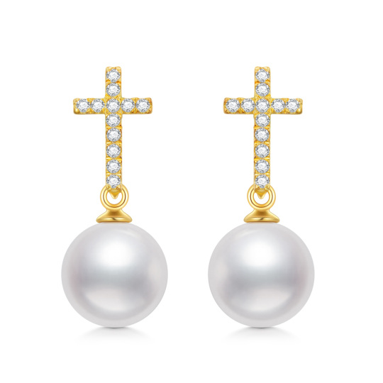 14K Gold Pearl Cross Drop Earrings-1