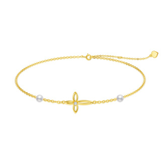 14K Gold Cubic Zirconia & Pearl Cross Pendant Bracelet-2