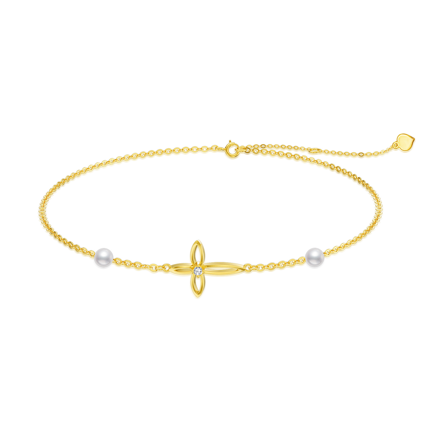 Bracciale con ciondolo a croce in oro 14K con zirconi e perle