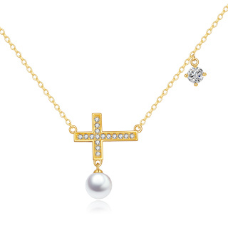 10K Gold Cubic Zirconia & Pearl Cross Pendant Necklace-31