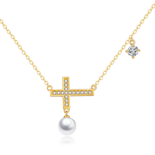 14K Gold Cubic Zirconia & Pearl Cross Pendant Necklace