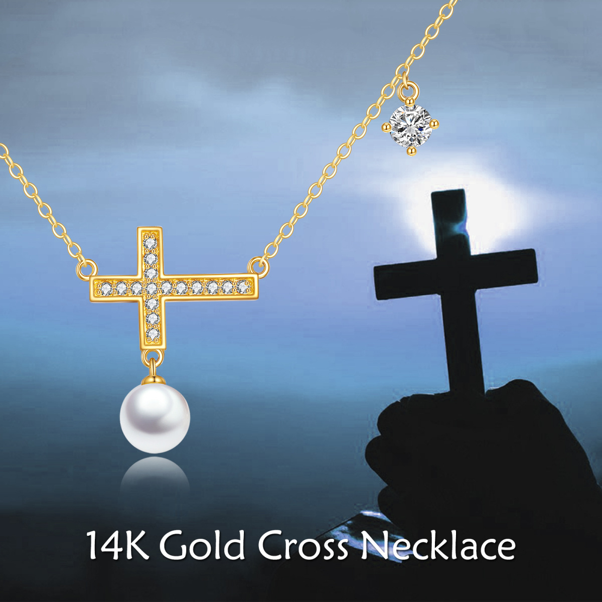 Colar com pingente de cruz em zircónio cúbico e pérola em ouro de 14K-5