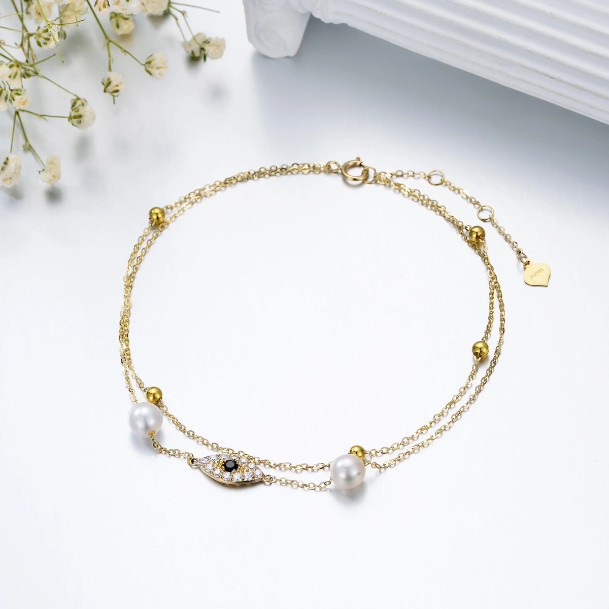 14K Gold Pearl Devil's Eye Multi-layered Anklet-2