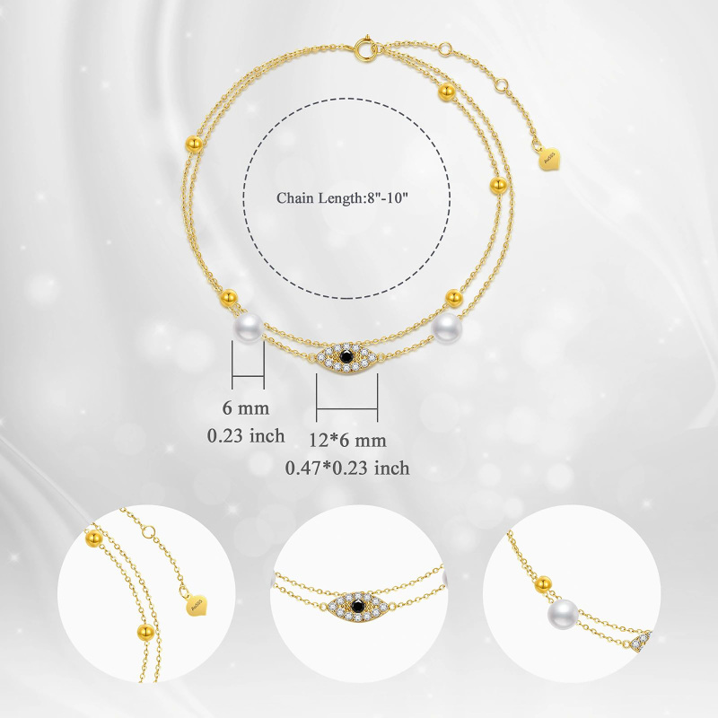 Tornozeleira multicamada em ouro 14K com pérola e olho de diabo-4