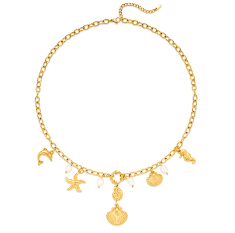 Sterling Silver with Yellow Gold Plated Pearl Dolphin Seahorse Starfish Shell Pendant Necklace-18
