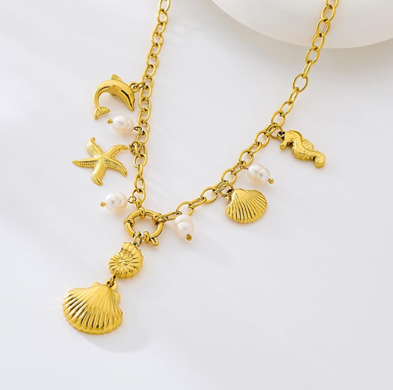 Colar com pendente de concha de estrela do mar, golfinho, cavalo-marinho e pérola banhada a ouro amarelo em prata de lei-4