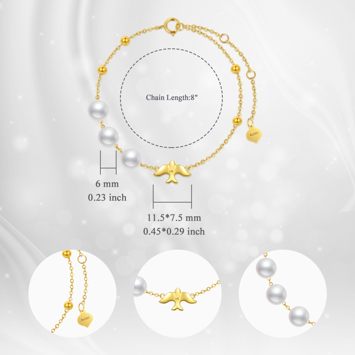 14K Gold Pearl Dove Bracelet for Women-3