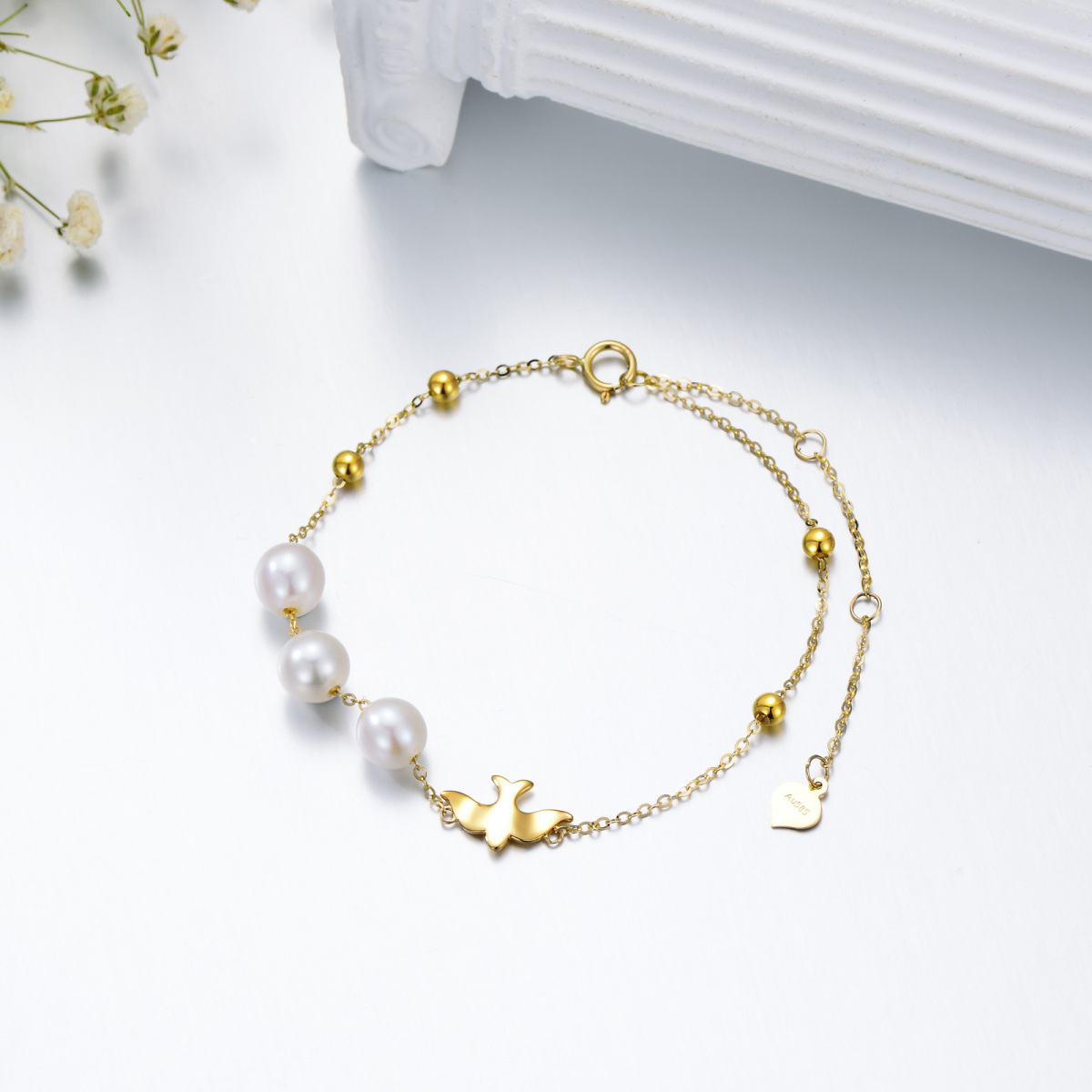 14K Gold Pearl Dove Bracelet for Women-4