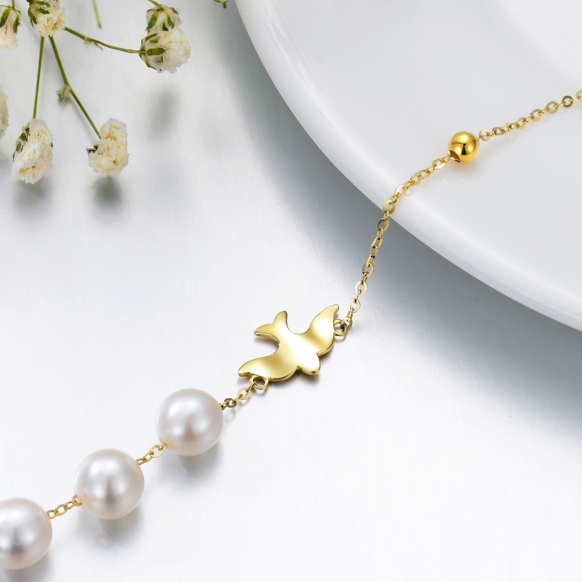 14K Gold Pearl Dove Bracelet for Women-5