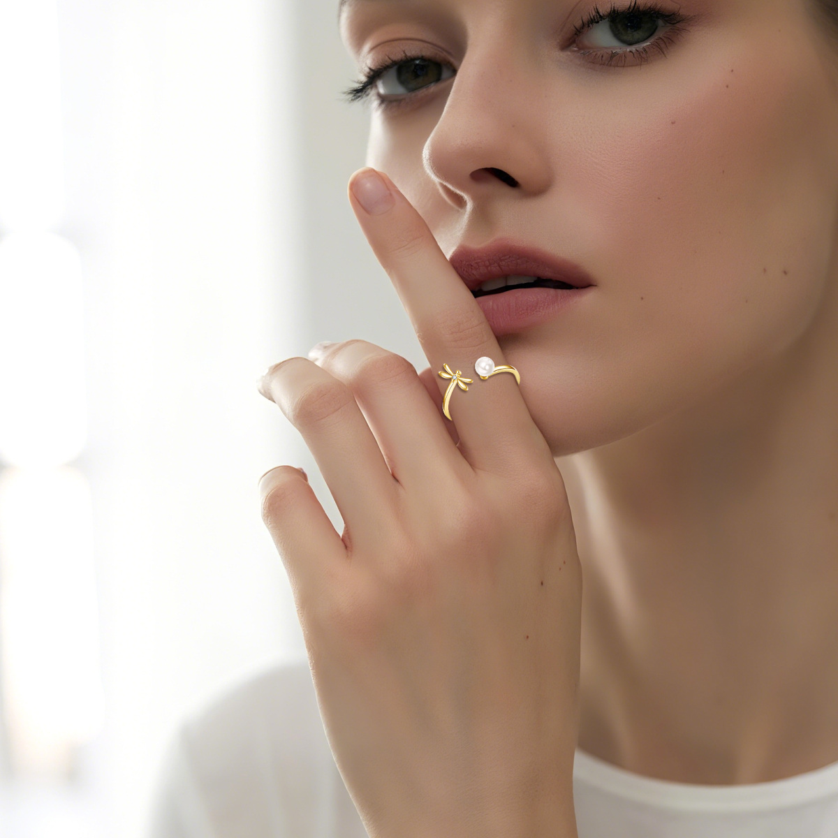 14K Gold Cubic Zirconia & Pearl Dragonfly Open Ring-2