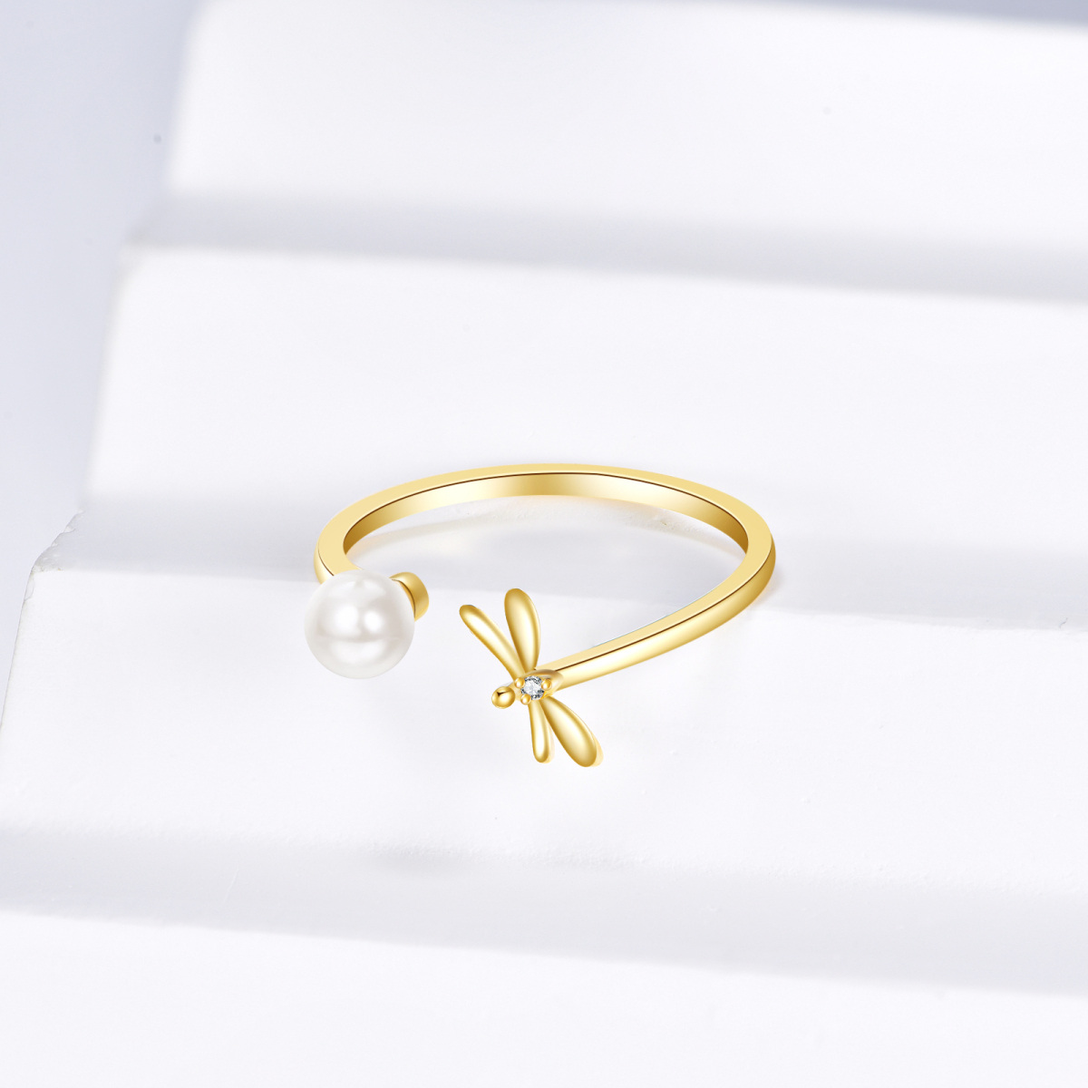 14K Gold Cubic Zirconia & Pearl Dragonfly Open Ring-3