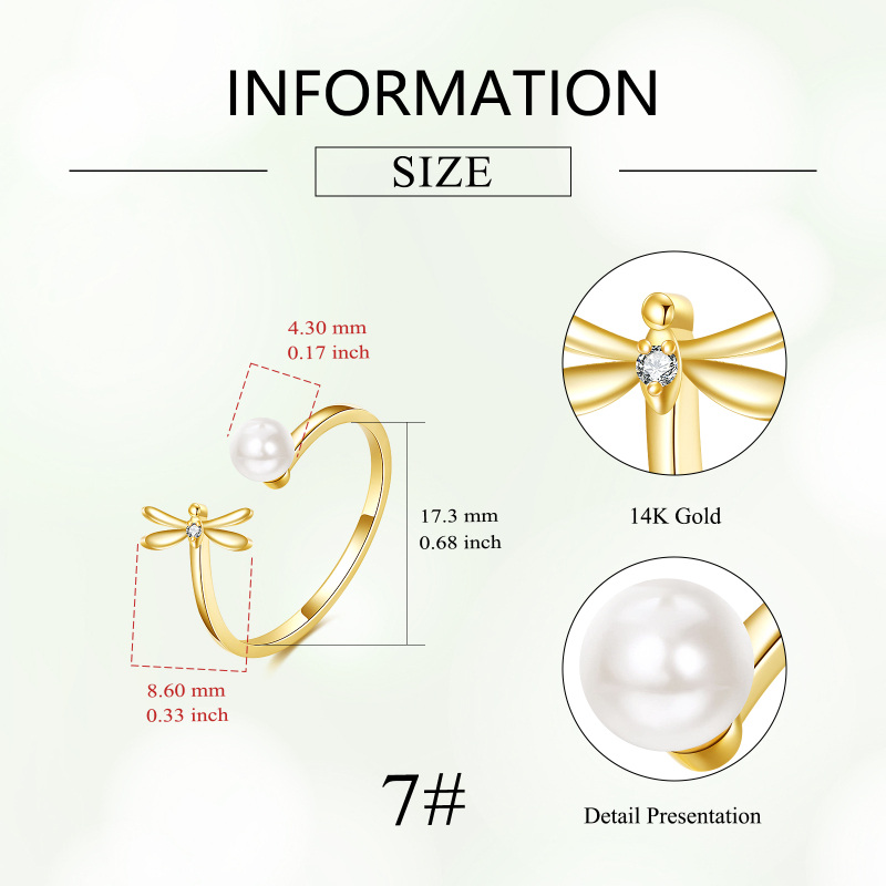 Anillo abierto de libélula con circonita cúbica y perla en oro de 10 quilates-4