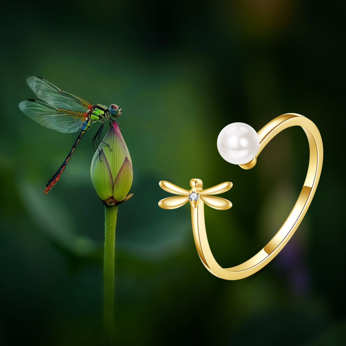 14K Gold Cubic Zirconia & Pearl Dragonfly Open Ring-5