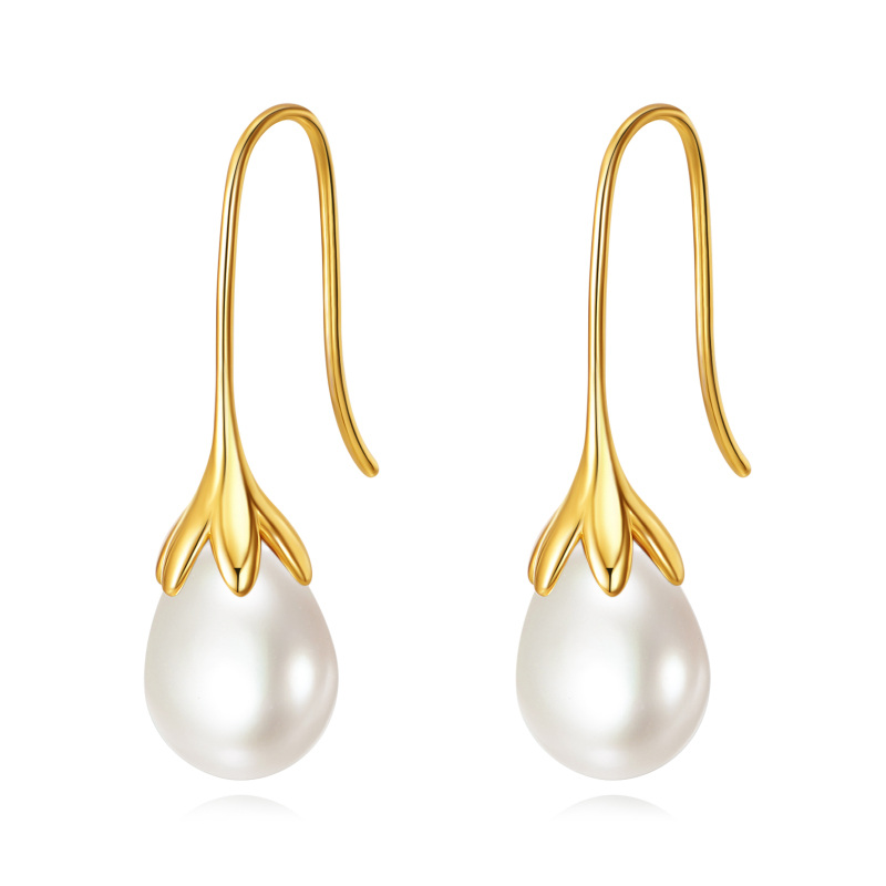 Sterling Silver with Yellow Gold Plated Pearl Drop Earrings-20