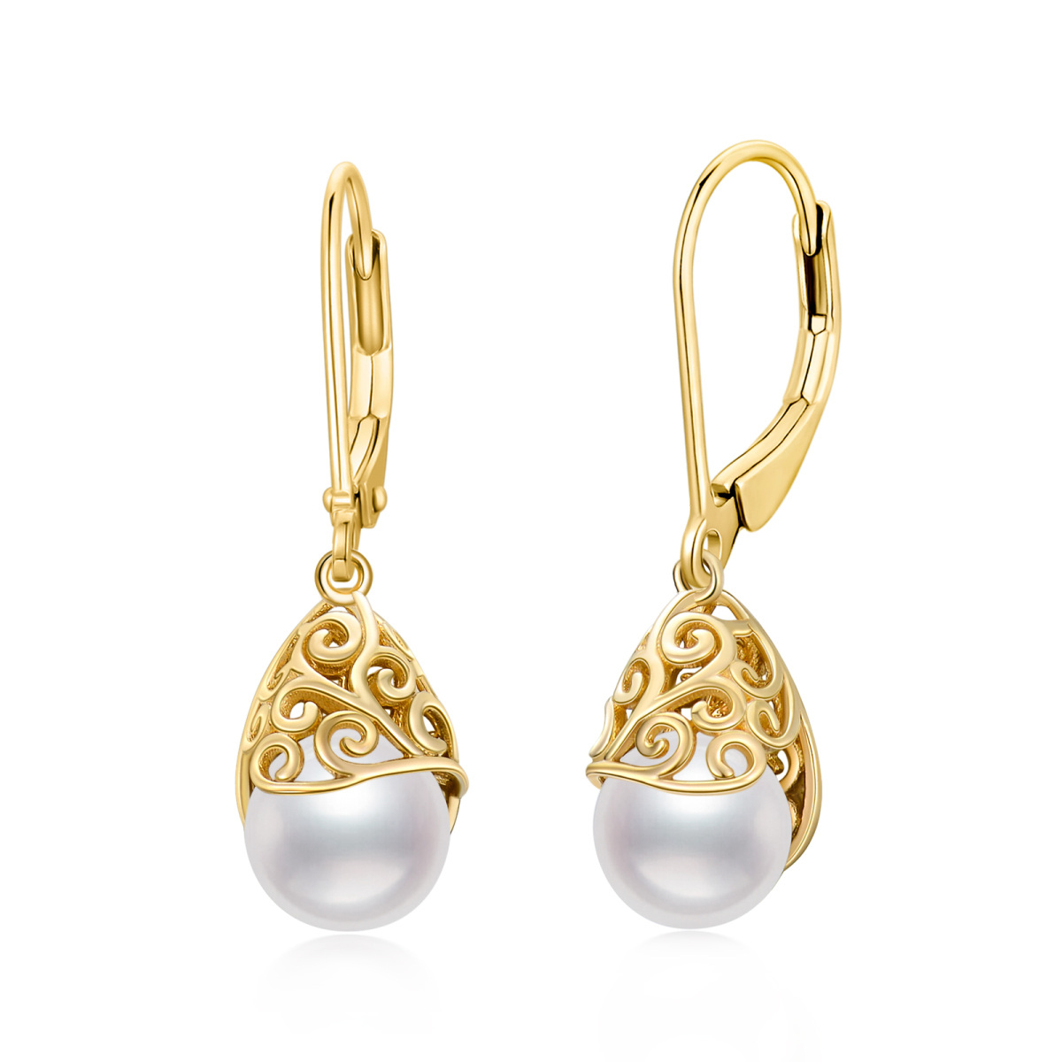 10K Gold Pearl Drop Shape Lever-back Earrings-1