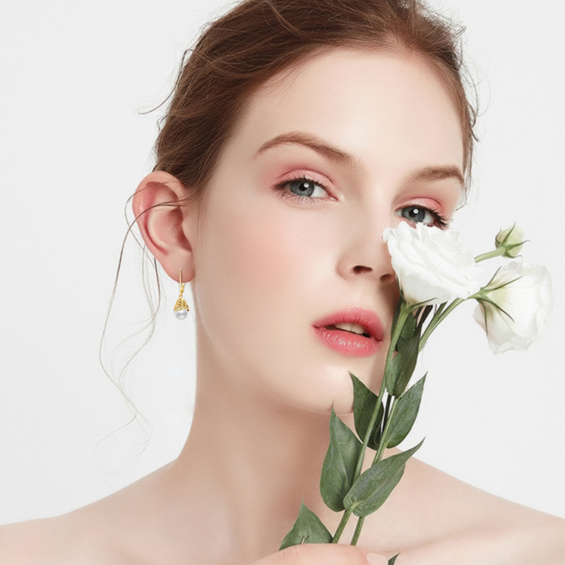 أقراط من الذهب الأبيض عيار 10 قيراط على شكل قطرة لؤلؤ مع رافعة خلفية-2