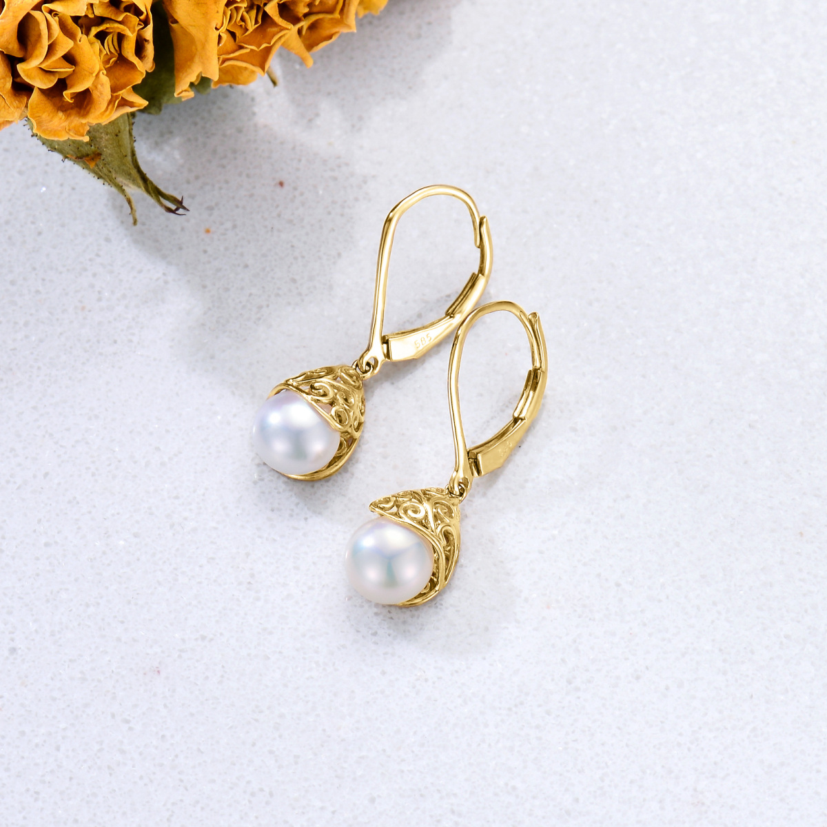 10K Gold Pearl Drop Shape Lever-back Earrings-3