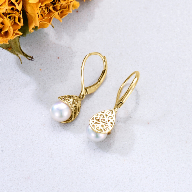 10K Gold Pearl Drop Shape Lever-back Earrings-4