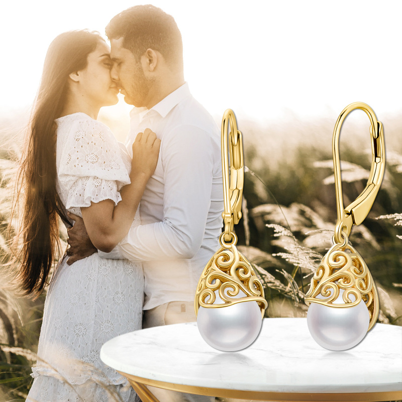 أقراط من الذهب الأبيض عيار 10 قيراط على شكل قطرة لؤلؤ مع رافعة خلفية-6