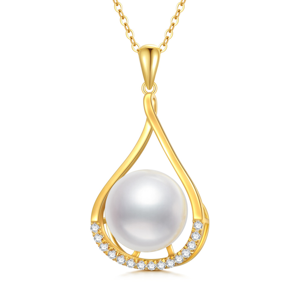 18K Gold Cubic Zirconia & Pearl Drop Shape Pendant Necklace-1