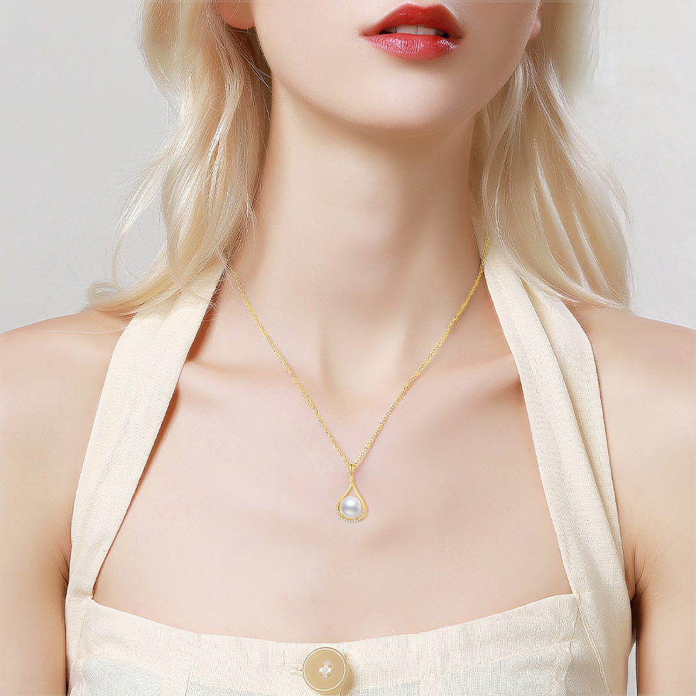 18K Gold Cubic Zirconia & Pearl Drop Shape Pendant Necklace-2