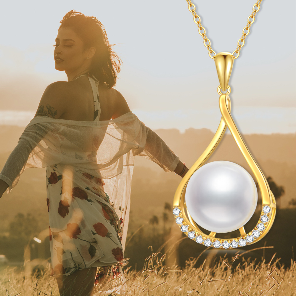 18K Gold Cubic Zirconia & Pearl Drop Shape Pendant Necklace-3