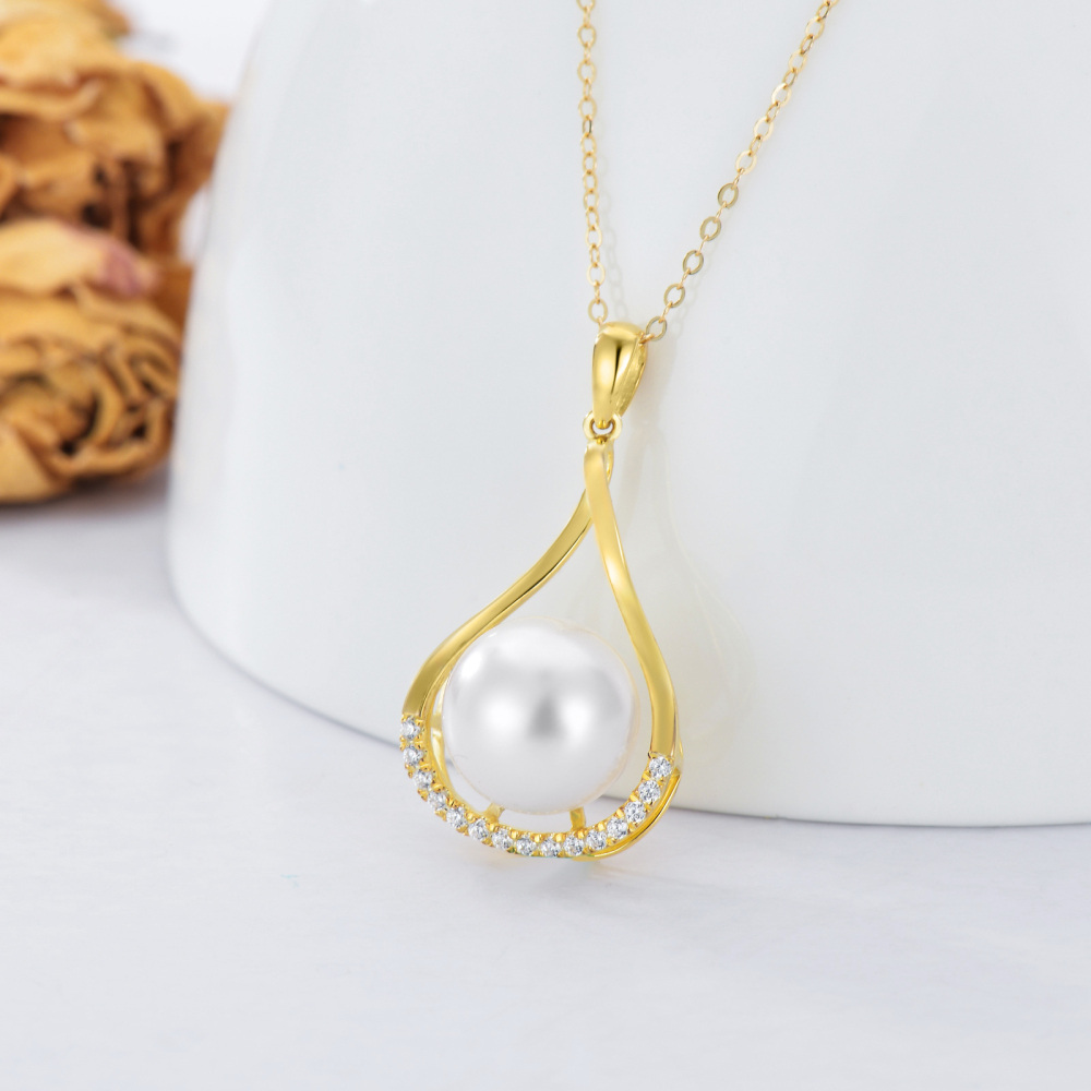 18K Gold Cubic Zirconia & Pearl Drop Shape Pendant Necklace-4