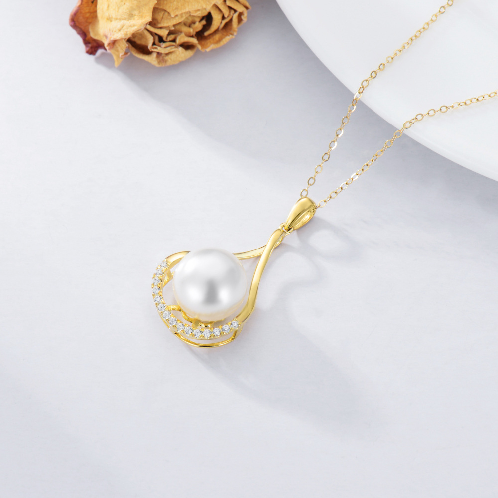 18K Gold Cubic Zirconia & Pearl Drop Shape Pendant Necklace-5