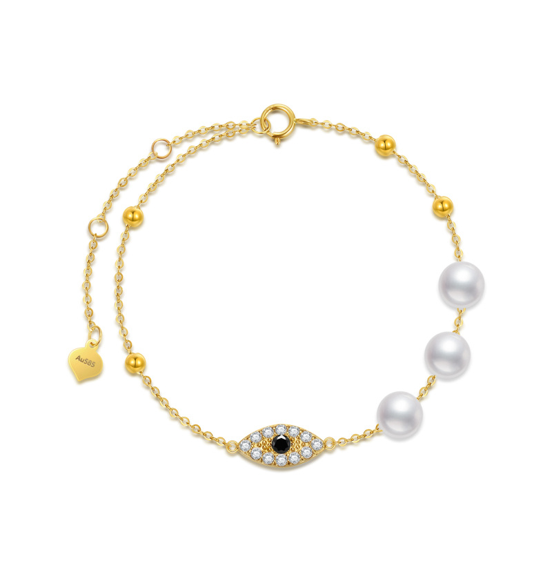Pulsera de oro de 10 quilates con perla y ojo malvado para mujer-19