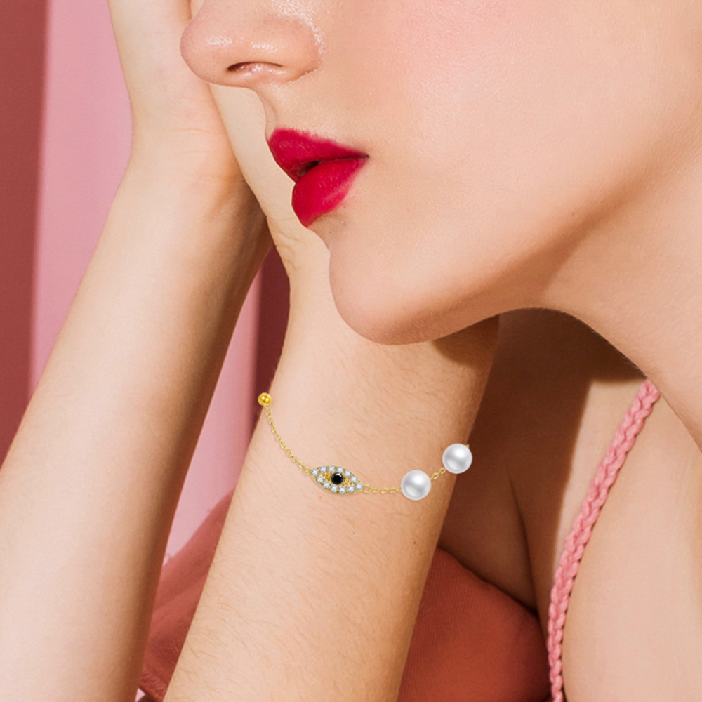 10K Gold Pearl Evil Eye Bracelet for Women-2