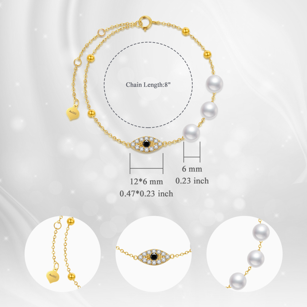 10K Gold Pearl Evil Eye Bracelet for Women-3