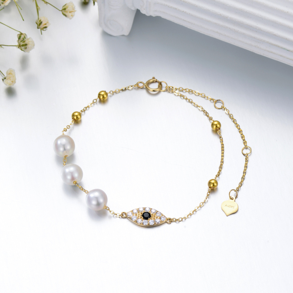 10K Gold Pearl Evil Eye Bracelet for Women-4