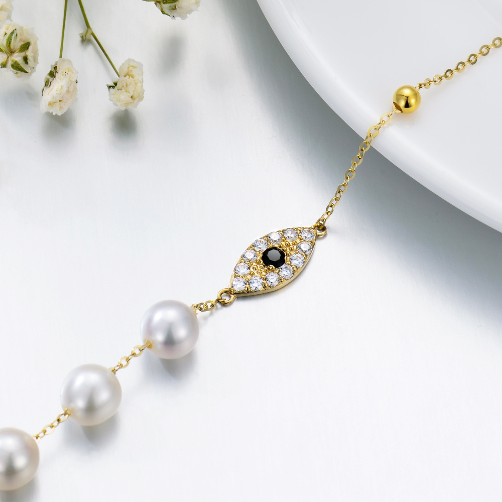 10K Gold Pearl Evil Eye Bracelet for Women-5