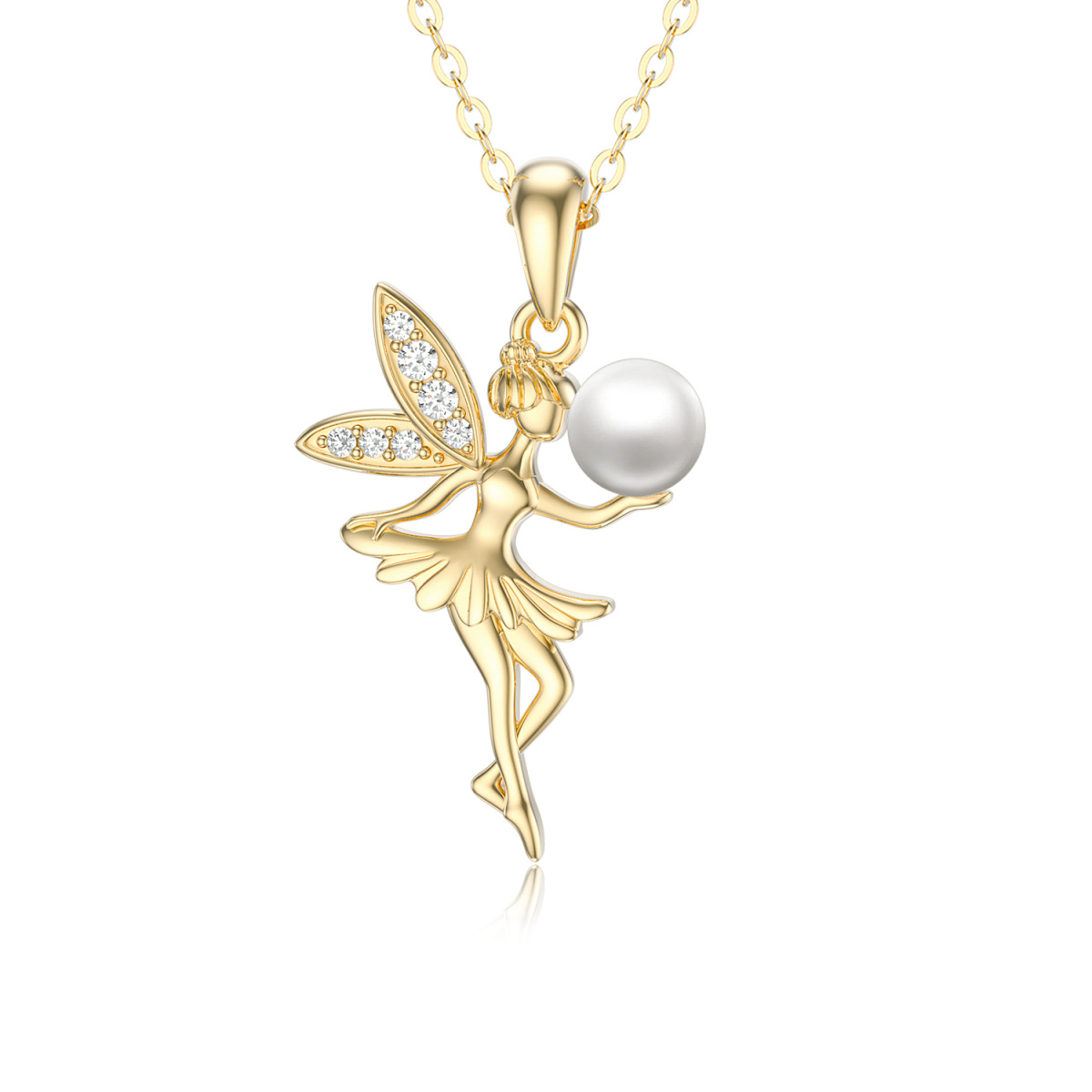 Collana con ciondolo a forma di fata in oro 14K con zirconi e perle-1