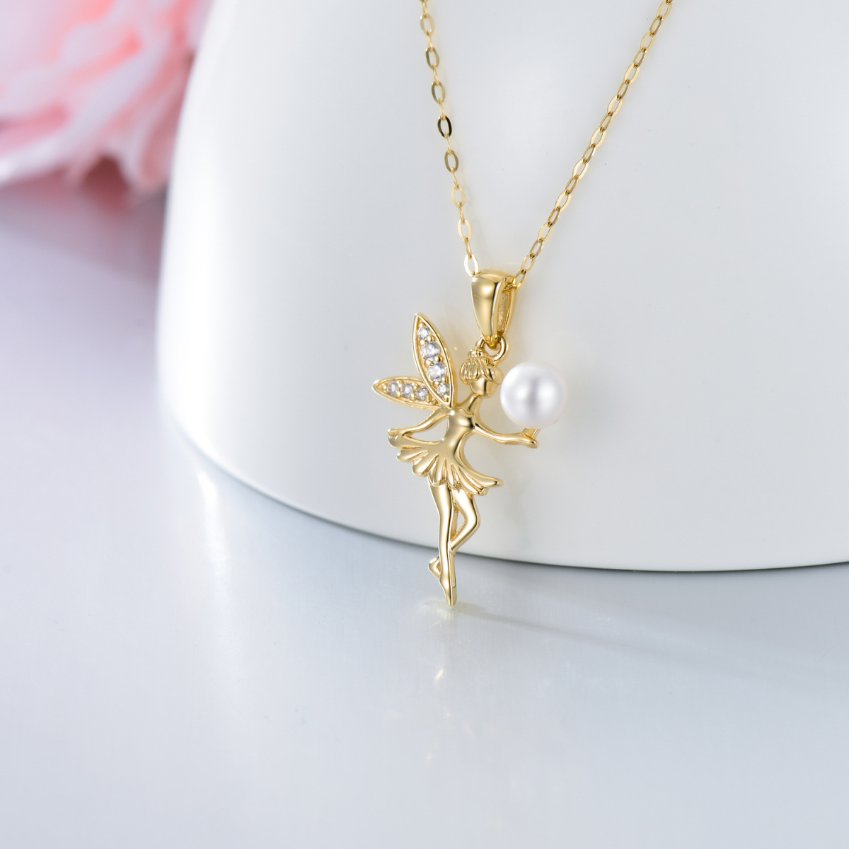 14K Gold Cubic Zirconia & Pearl Fairy Pendant Necklace-3