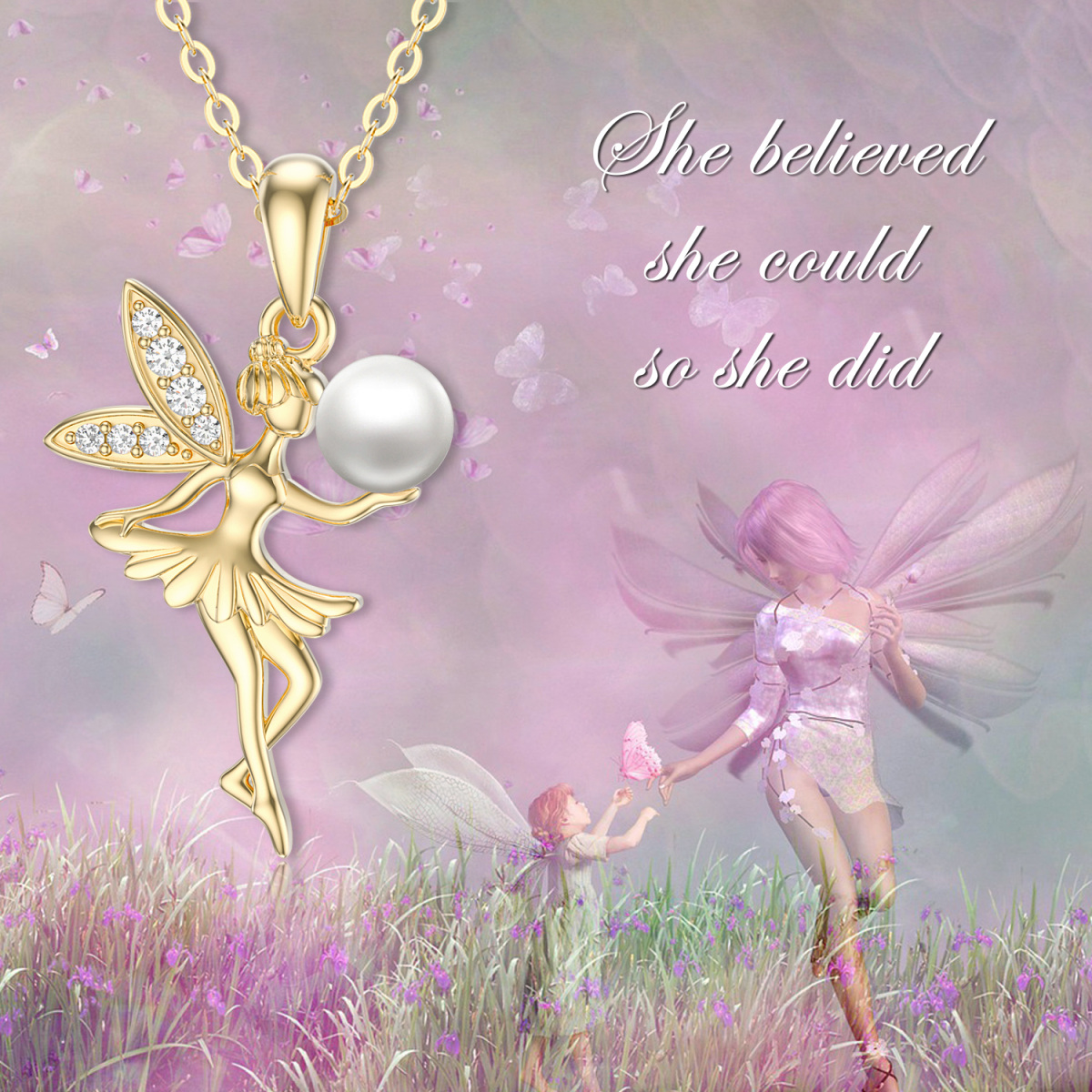 10K Gold Cubic Zirconia & Pearl Fairy Pendant Necklace-5