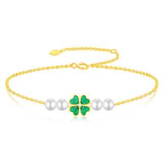 10K Gold Pearl Four Leaf Clover Charm Bracelet-33