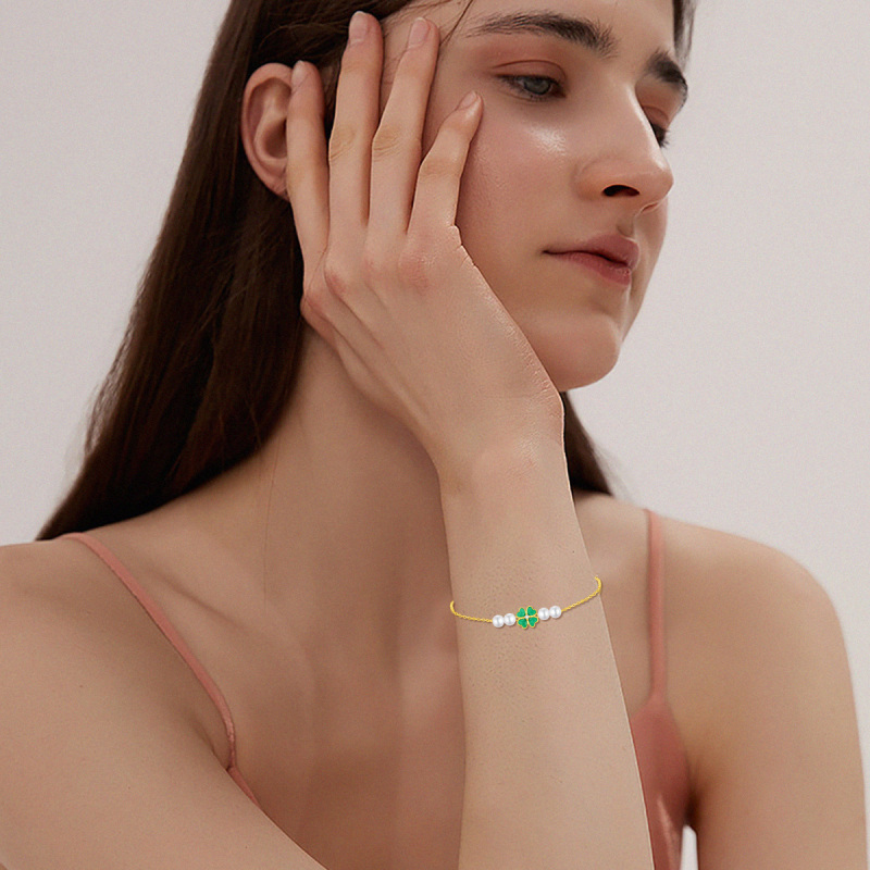 10K Gold Pearl Four Leaf Clover Charm Bracelet-2