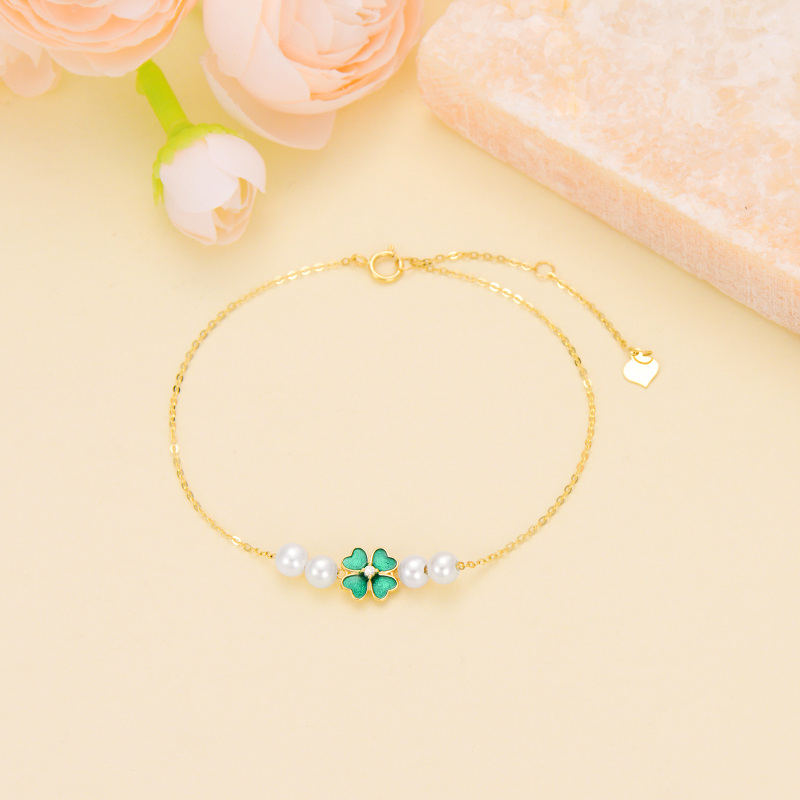 10K Gold Pearl Four Leaf Clover Charm Bracelet-3