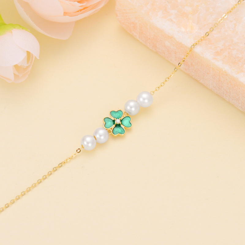10K Gold Pearl Four Leaf Clover Charm Bracelet-4