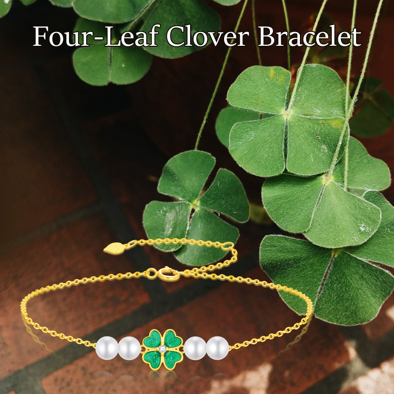 10K Gold Pearl Four Leaf Clover Charm Bracelet-6