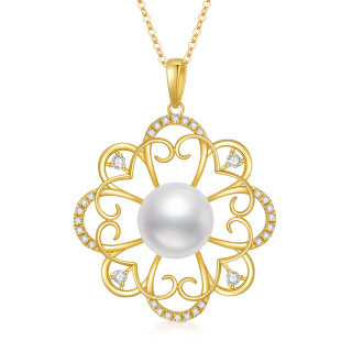 10K Gold Pearl Four-leaf Clover Pendant Necklace-56