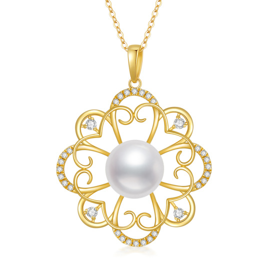 14K Gold Pearl Four-leaf Clover Pendant Necklace