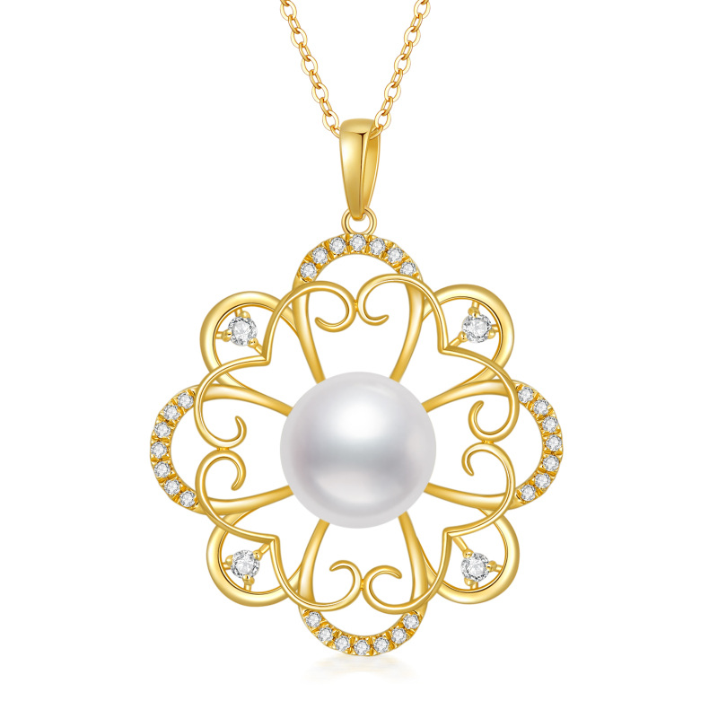 10K Gold Pearl Four-leaf Clover Pendant Necklace-1