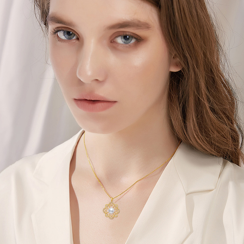 10K Gold Pearl Four-leaf Clover Pendant Necklace-2