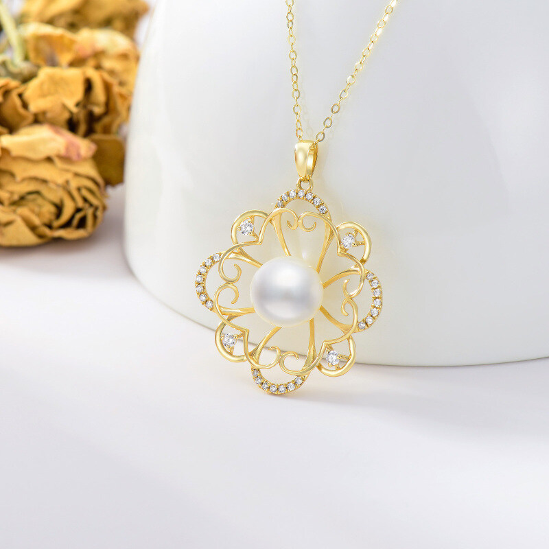 10K Gold Pearl Four-leaf Clover Pendant Necklace-3