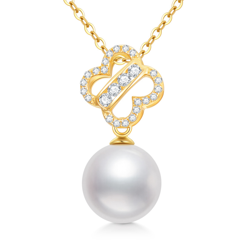 10K Gold Pearl Four-leaf Clover Pendant Necklace-2