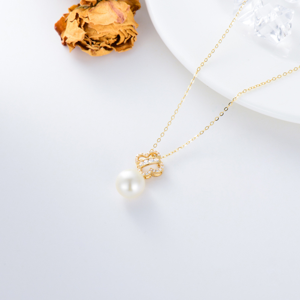 10K Gold Pearl Four-leaf Clover Pendant Necklace-3