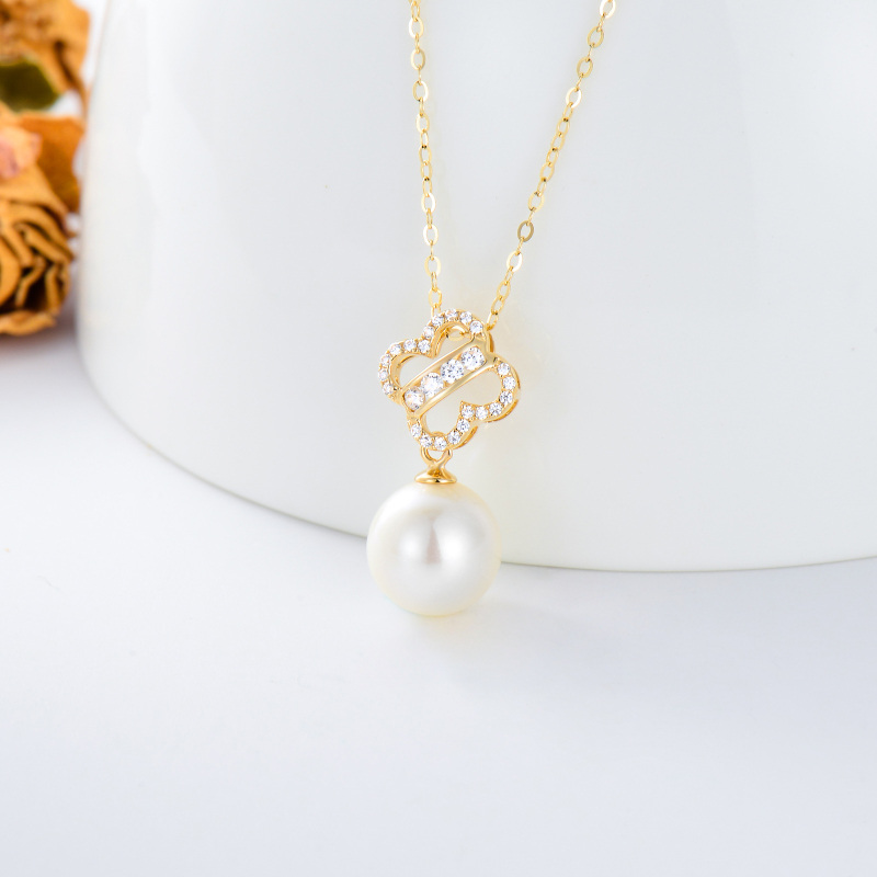 10K Gold Pearl Four-leaf Clover Pendant Necklace-4