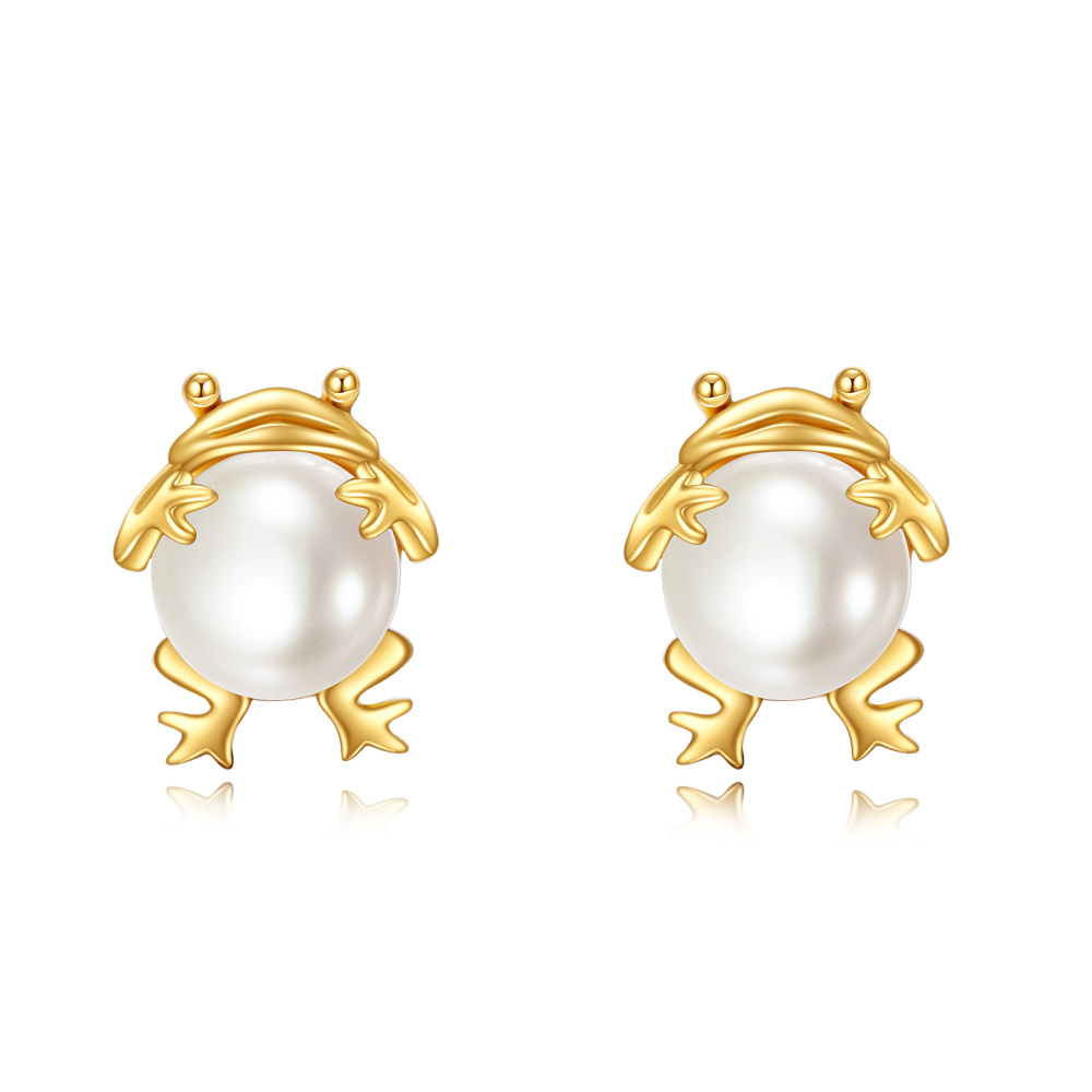 10K Gold Pearl Frog Stud Earrings-1